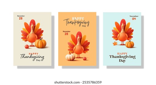 Thanksgiving poster. 3D stylized turkey bird, pumpkin, apple, leaves. Bright posters for celebrating a traditional American holiday. Generous harvest. Vector