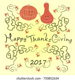 Thanksgiving poster with cute happy pumpkins,ornaments and autumn fall leaves.Thanks giving typography design.For greetings,invitation cards.Vector illustration.