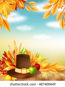 Thanksgiving poster with decorative design elements and blue sky background.