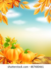 Thanksgiving poster with decorative design elements and blue sky background.