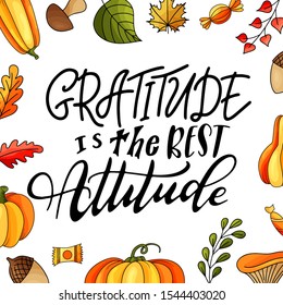 Thanksgiving poster with doodle hand drawn elements. Happy holiday lettering quote. Calligraphic design. Vector illustration