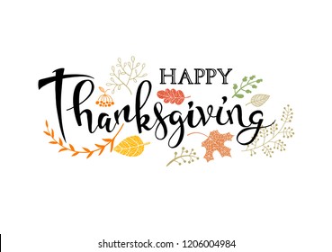 Thanksgiving poster or greeting card with Thanksgiving Calligraphy inscription and holiday traditional symbols.