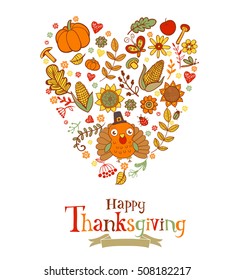 Thanksgiving poster or greeting card with holiday traditional symbols in heart shape.
