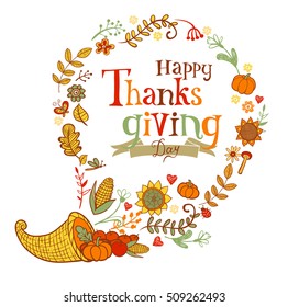 Thanksgiving poster or greeting card with holiday traditional symbols.