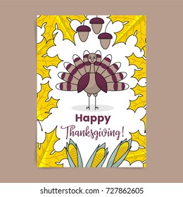 Thanksgiving poster with maple leaves, hazelnuts, corn and turkey