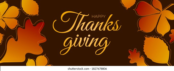 Thanksgiving Poster Template. Autumn Leaves On Dark Background With Line Art Leaves Pattern. Cute Turkey With Wine Glass. Calligraphic Text Thanks Giving And Space For Your Text. Vector Illustration.