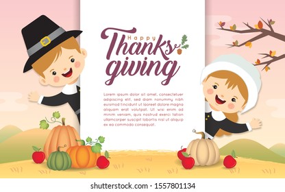 Thanksgiving poster template or copy space. Cute cartoon pilgrim boy & girl with pumpkins on fall landscape background. Thanksgiving character in flat vector illustration.