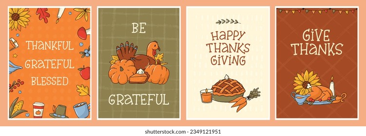 Thanksgiving posters set, greeting cards, prints, invitations decorated with typography quotes and doodles on textured backgrounds. EPS 10