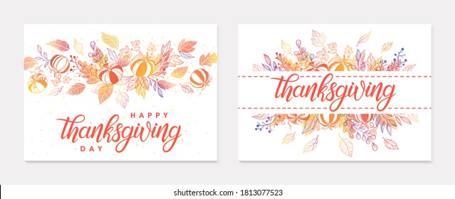 Thanksgiving postes with leaves and floral elements in fall colors.Greetings cards perfect for prints; flyers; banners; invitations.Trendy fall designs.Vector autumn illustrations