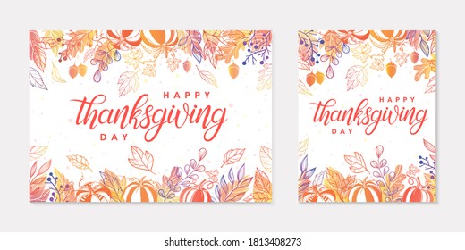Thanksgiving postes with leaves and floral elements in fall colors.Greetings cards perfect for prints; flyers; banners; invitations.Trendy fall designs.Vector autumn illustrations