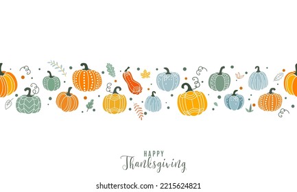 Thanksgiving pumpkin border vector background. Harvest fall autumn horizontal seamless pattern in modern line style with gourds and floral elements.