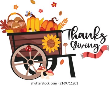 Thanksgiving Pumpkin cart Graphic on White background