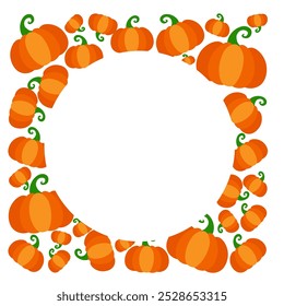 Thanksgiving pumpkin circle frame. Cartoon illustration.  Thanksgiving and halloween harvest element. Autumn frame on white background
