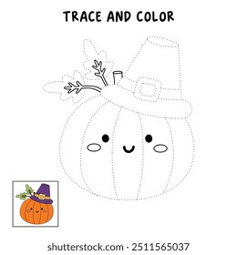 Thanksgiving pumpkin coloring pages for kids. Trace and color pumpkin. Coloring page outline of thanksgiving pumpkin. Thanksgiving pumpkin tracing worksheet. Kindergarten and preschool activity.