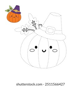 Thanksgiving pumpkin coloring pages for kids. Trace and color pumpkin. Coloring page outline of thanksgiving pumpkin. Thanksgiving pumpkin tracing worksheet. Kindergarten and preschool activity.
