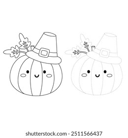 Thanksgiving pumpkin coloring pages for kids. Trace and color pumpkin. Coloring page outline of thanksgiving pumpkin. Thanksgiving pumpkin tracing worksheet. Kindergarten and preschool activity.