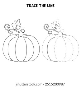 Thanksgiving pumpkin coloring pages for kids. Trace and color thanksgiving pumpkin vector. Thanksgiving pumpkin celebration coloring page worksheet printable. Kindergarten and preschool activity.