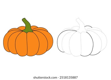 Dibujos para colorear de calabaza de Acción de Gracias para niños. Calabaza de acción de gracias con trazas y colores. Hoja de trabajo para colorear de la celebración de la calabaza de Acción de Gracias imprimible. Actividades de jardín de infantes y preescolar.