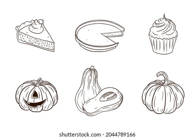 Thanksgiving Pumpkin Dishes Collection. Autumn Holiday food Set. Fresh ripe pumpkins and pumpkin pies illustration for stickers, invitation, menu and greeting cards decoration. Premium Vector