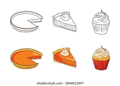 Thanksgiving Pumpkin Dishes Set. Traditional Autumn Holiday Food Collection. Sweet pumpkin pies and cupcake illustration for stickers, invitation, menu and greeting cards decoration. Premium Vector