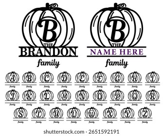 Thanksgiving pumpkin family monogram letters, Family name sign monogram alphabet vector design