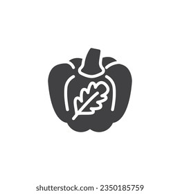 Calabaza de Acción de Gracias con un ícono vector hoja. signo plano relleno para concepto móvil y diseño web. Icono de glifo tallado en calabaza. Símbolo, ilustración del logotipo. Gráficos vectoriales