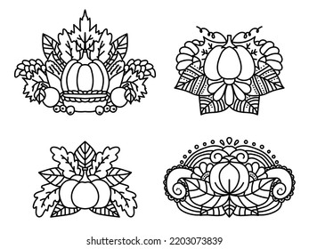 Thanksgiving Pumpkin And Leaves Coloring Page Set, Outline Vegetable Bouquet And Patterns Vector Illustration