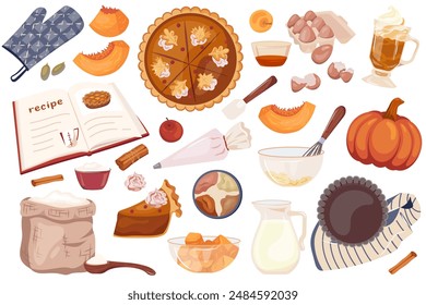 Thanksgiving pumpkin pie cooking set recipe illustration. Hand drawn baking ingredients set. Products and kitchen tools for cooking traditional American cake. Vector flat Christmas dessert