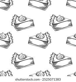 Thanksgiving pumpkin pie seamless pattern cake drawing, doodle vector illustration, sketch style, black line on a white background