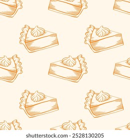 Thanksgiving pumpkin pie seamless pattern, warm colors, orange beige, cake drawing, doodle vector illustration, sketch style background