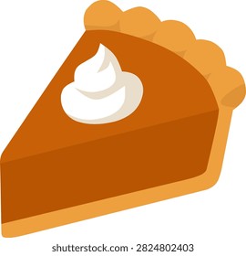 Thanksgiving pumpkin pie slice topped with whipped cream, isolated on a white background, flat vector illustration for autumn holiday, festive food, bakery, dessert, and seasonal celebration designs.