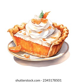 Thanksgiving pumpkin pie watercolor in vintage style. Delicious food. Hand drawing. Vector illustration seasonal greeting background. Happy festive background.