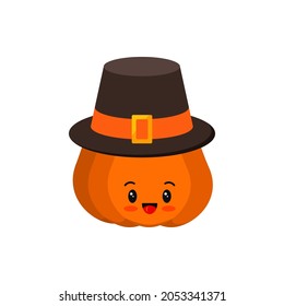 Thanksgiving pumpkin in pilgrim hat isolated on white background. Orange cute squash vegetable character in carnival costume. Flat design cartoon smiling pumpkin boy vector illustration.  