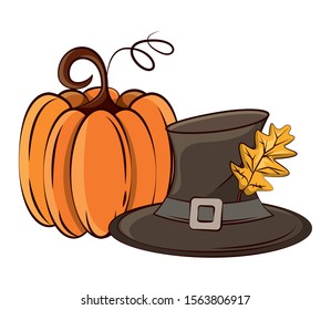 thanksgiving pumpkin with pilgrim hat vector illustration design