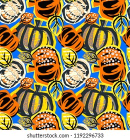 Thanksgiving pumpkin seamless pattern.Trendy painted style texture, poster with different doodle elements.Urban bright textiles sample
