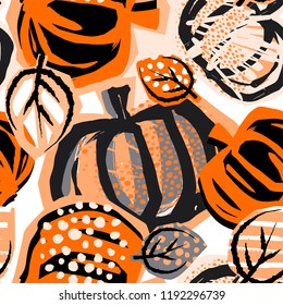 Thanksgiving pumpkin seamless pattern.Trendy painted style texture, poster with different doodle elements.Urban bright textiles sample