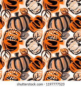 Thanksgiving pumpkin seamless pattern.Trendy painted style texture, poster with different doodle elements.Urban bright textiles sample