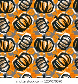 Thanksgiving pumpkin seamless pattern.Trendy painted style texture, poster with different doodle elements.Urban bright textiles sample