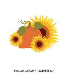 Thanksgiving pumpkin with sunflowers illustration. Flat vector icon decorative element Happy Thanks giving day food autumnal illustration, isolated on white background.