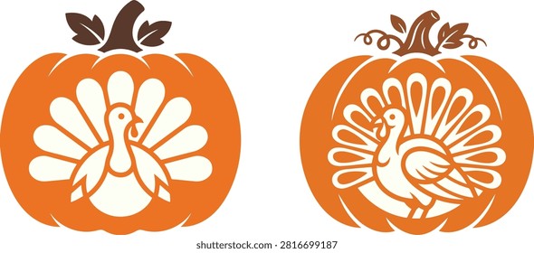 Thanksgiving Pumpkin with Turkey Silhouette Vector Set