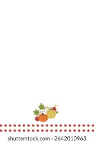 Thanksgiving pumpkins, flowers and forest leaves corner frame arrangement. Isolated on white background orange, yellow, red. Seasonal harvest design for greeting or poster textile kitchen towel.