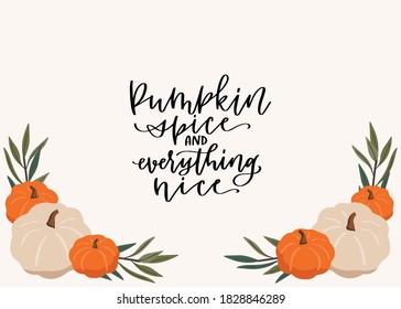 Thanksgiving quotes with pumpkin bottom corner decoration vector clipart. Happy fall message and botanical illustration for wall art or cards.