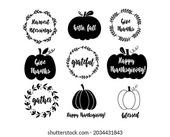 Thanksgiving quotes, pumpkins and wreaths. Vector illustration.