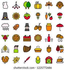 thanksgiving related icon set in design. such as turkey, pumpkin pie, autumn leaves, acorn, pillgrim, berries,honey and farming product.editable outline of flat design.