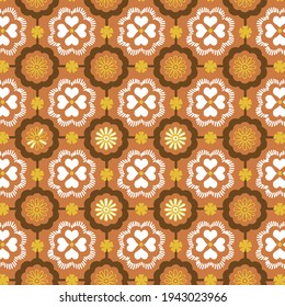 Thanksgiving retro seamless pattern with geometric flowers, white, yellow, brown square repeated pattern on a orange background.