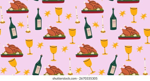 Thanksgiving Retro nahtloses Muster mit gebratenem Truthahn, Kerze, Wein. Festliches Coquette-Muster für Druck, Textil, Verpackung, Tapete. Cartoon Vintage Abendessen Vektorgrafik