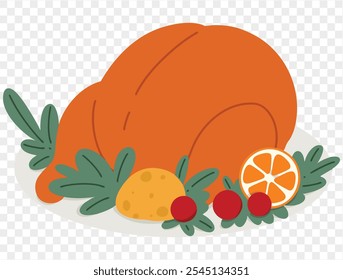 Thanksgiving roasted turkey illustration on a transparent background, featuring a simple and minimalist design with a garnish of fresh herbs, tomatoes, and an orange slice. Ideal for Thanksgiving them