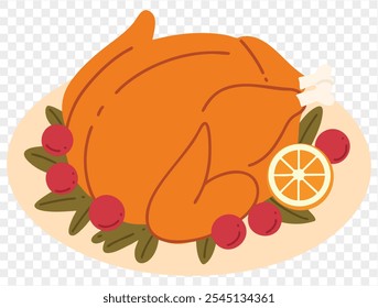 Thanksgiving roasted turkey illustration on a transparent background, featuring a simple and minimalist design with a garnish of fresh herbs, tomatoes, and an orange slice. Ideal for Thanksgiving them