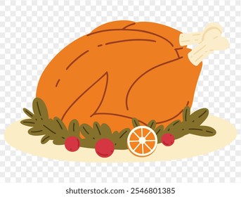 Thanksgiving roasted turkey illustration on a transparent background, featuring a simple and minimalist design with a garnish of fresh herbs, tomatoes, and an orange slice. Ideal for Thanksgiving them