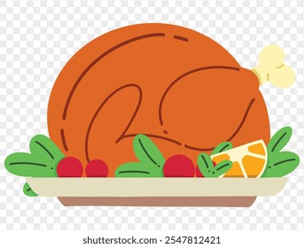 Thanksgiving roasted turkey illustration on a transparent background, featuring a simple and minimalist design with a garnish of fresh herbs, tomatoes, and an orange slice. Ideal for Thanksgiving them